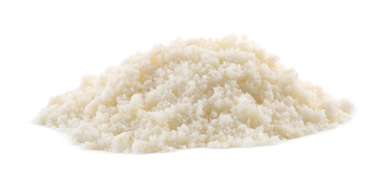 Pile of grated parmesan cheese isolated on white