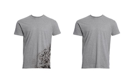 Image of Collage with dirty and clean t-shirt isolated on white. Before and after washing