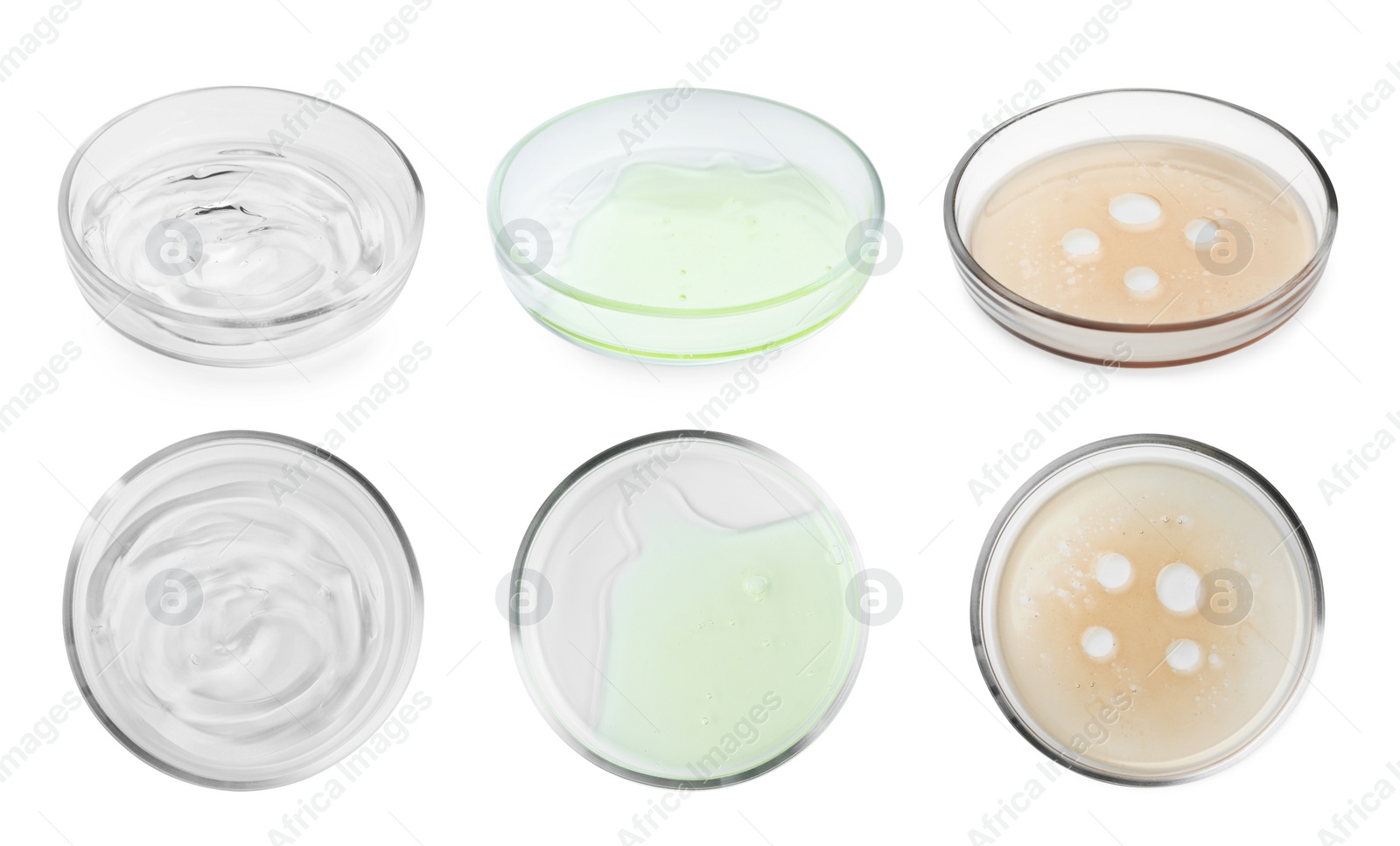 Image of Collage of Petri dishes with liquid samples isolated on white, top and side views