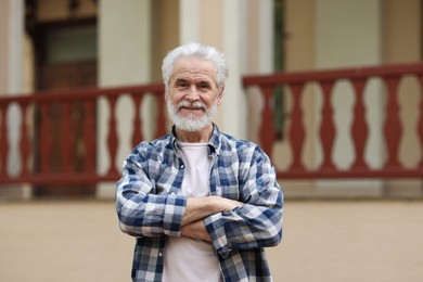 Portrait of happy grandpa with grey hair outdoors