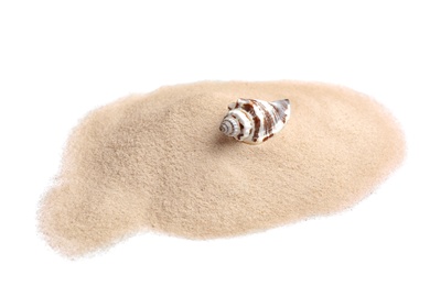 Pile of beach sand with sea shell isolated on white