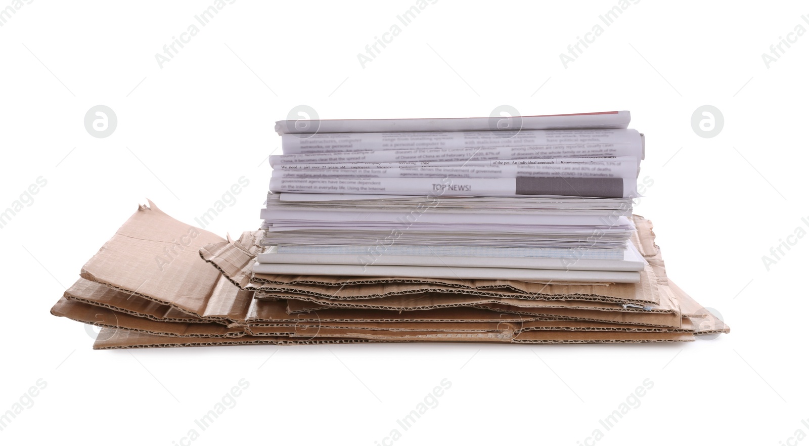 Photo of Stack of cardboard and newspapers on white background. Recycling rubbish