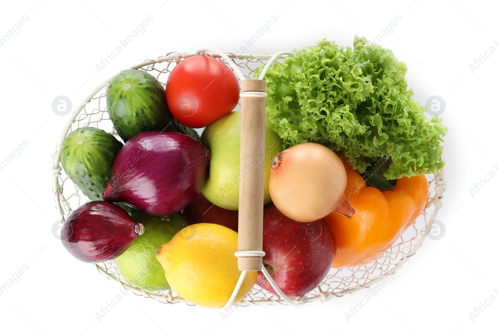 Photo of Basket of fresh fruits and vegetables isolated on white, flat lay