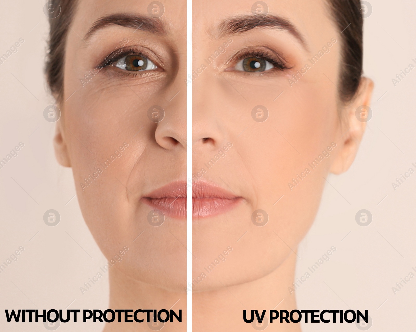 Image of Mature woman without and with sun protection cream on her face