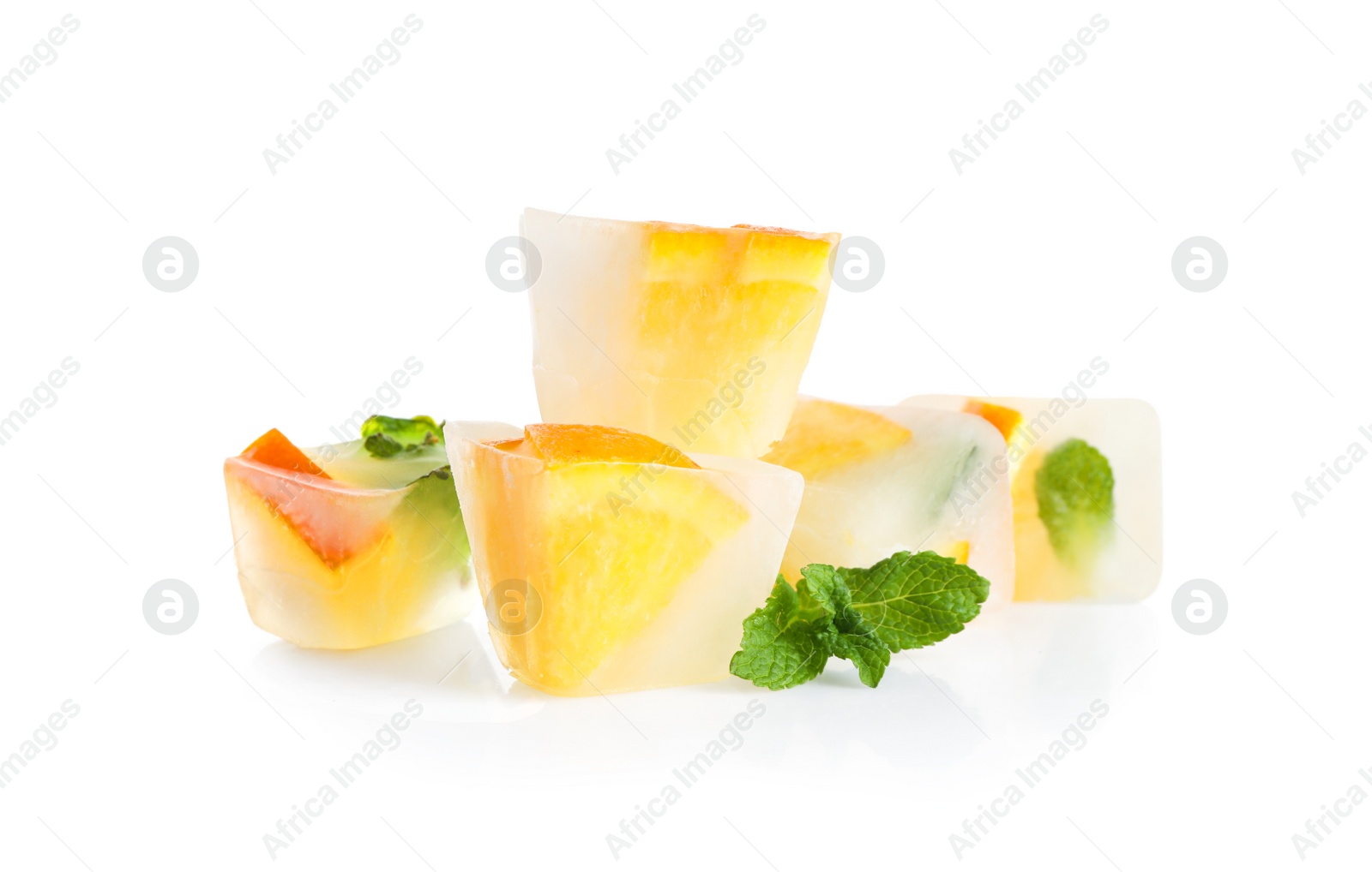 Photo of Ice cubes with oranges and mint on white background