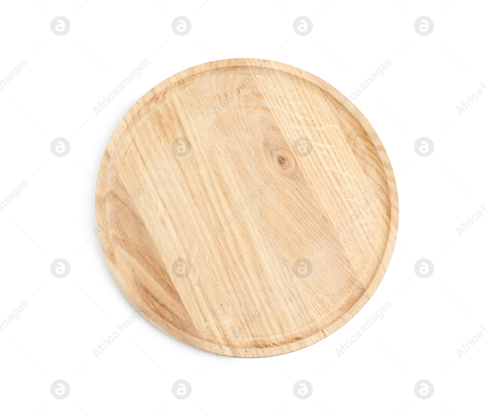 Photo of Wooden platter isolated on white, top view. Cooking utensil