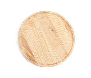 Photo of Wooden platter isolated on white, top view. Cooking utensil