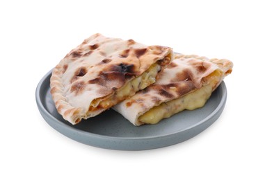 Tasty pizza calzones with cheese isolated on white