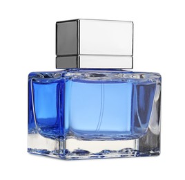 Blue men perfume in glass bottle isolated on white