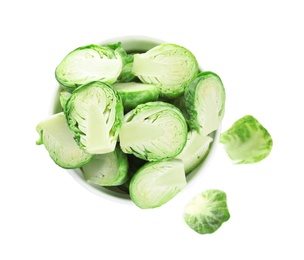 Photo of Fresh Brussels sprouts in bowl isolated on white, top view