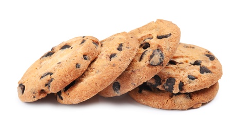 Delicious chocolate chip cookies on white background