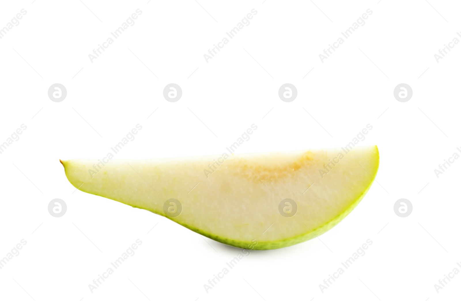 Photo of Slice of ripe pear on white background