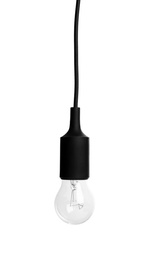Photo of New incandescent light bulb for lamp on white background