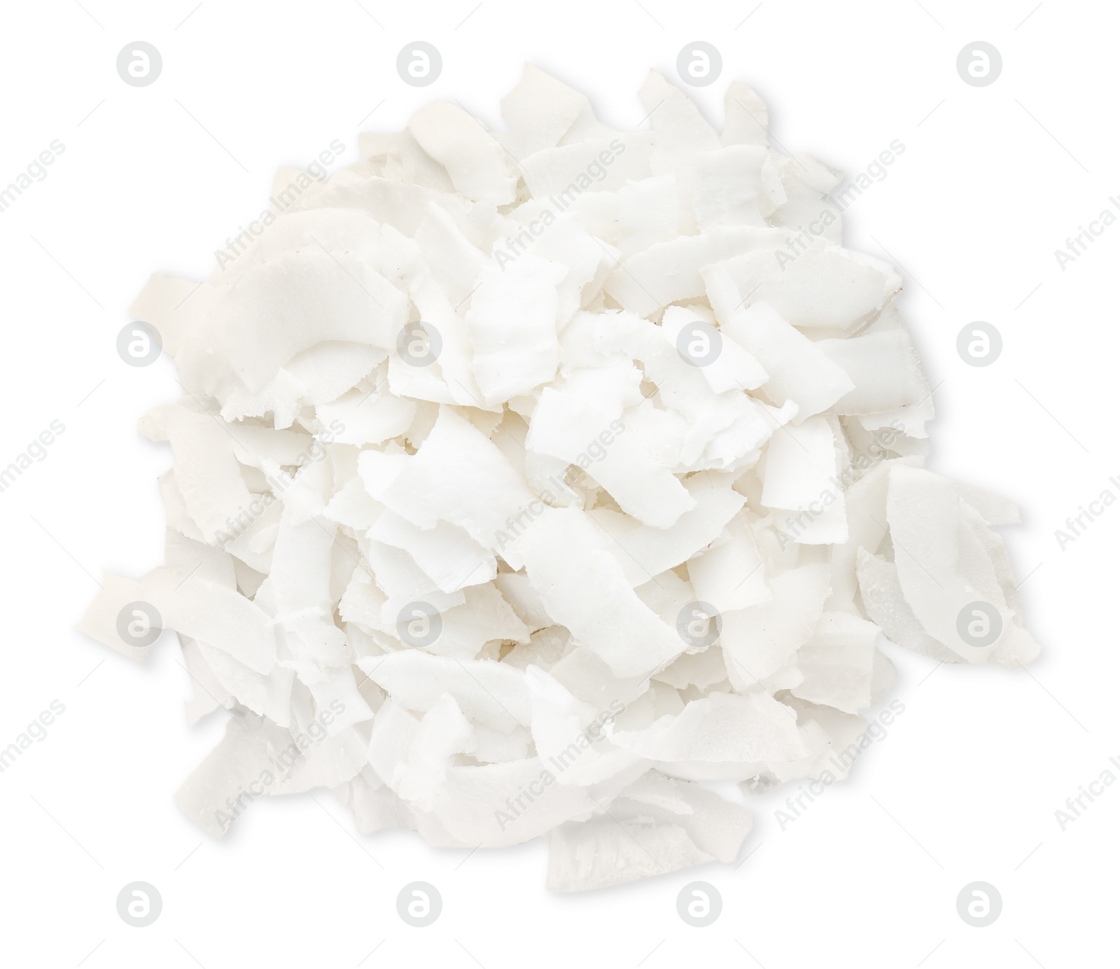 Photo of Fresh coconut flakes on white background