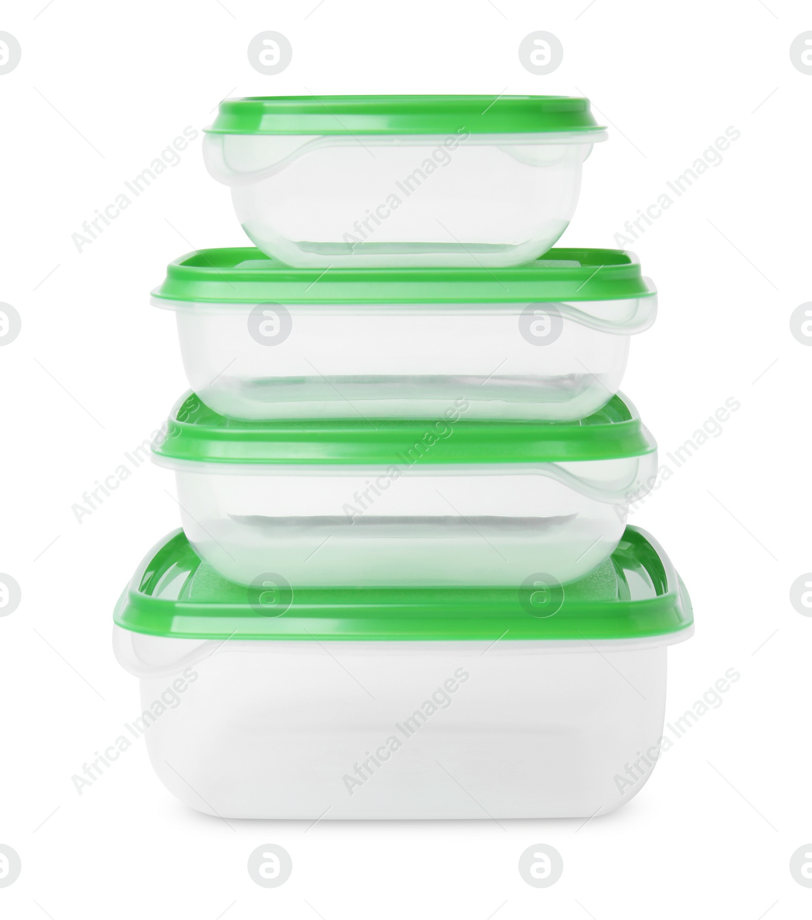 Photo of Empty plastic containers on white background. Food storage