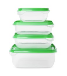 Photo of Empty plastic containers on white background. Food storage