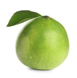 Photo of Fresh exotic pomelo fruit with leaf isolated on white