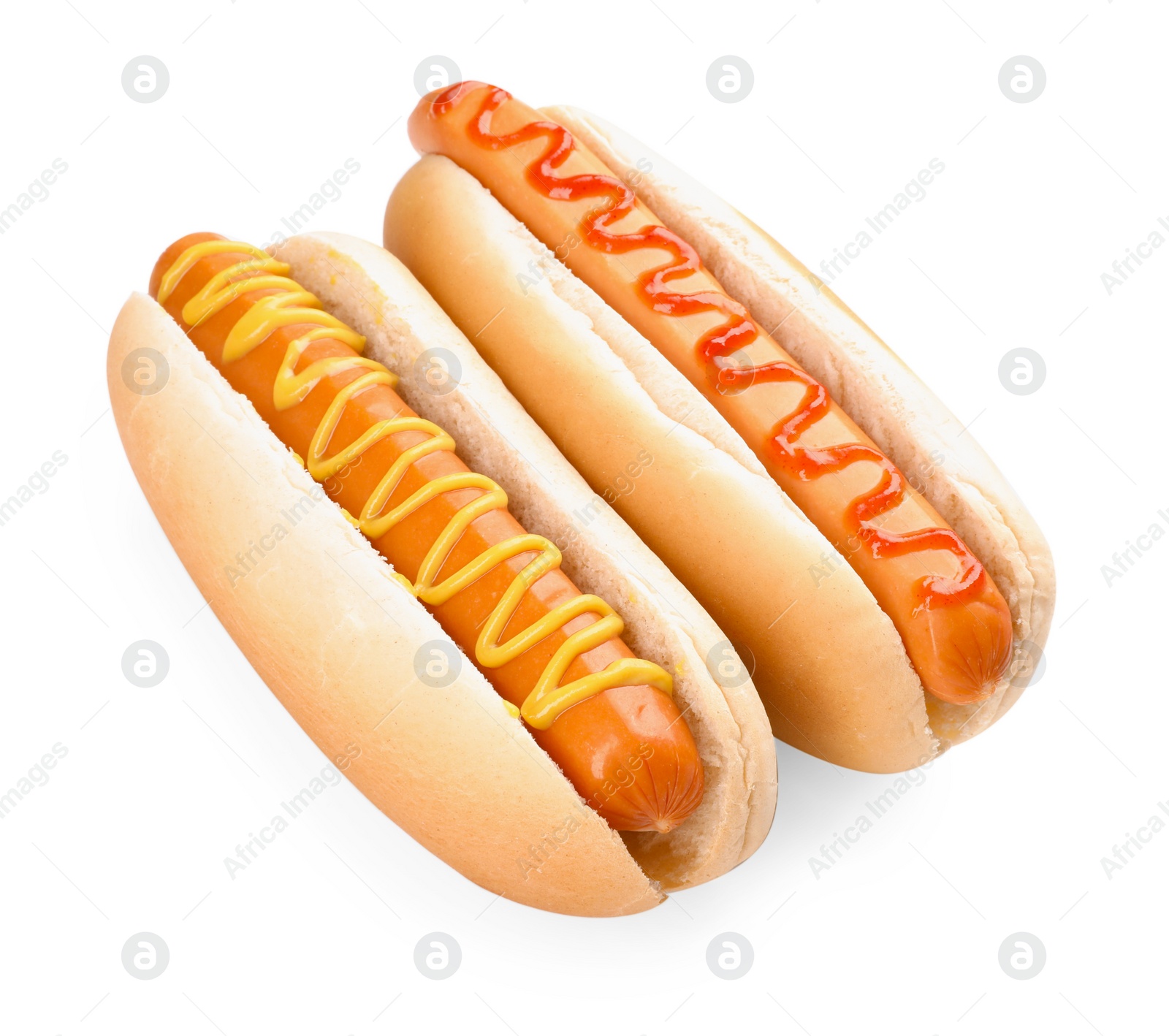 Photo of Tasty hot dogs with ketchup and mustard isolated on white