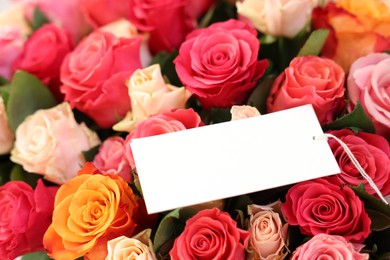 Photo of Bouquet of beautiful roses with blank card, closeup