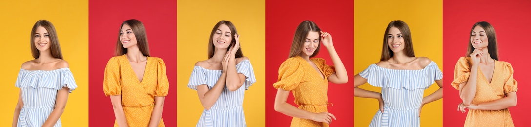 Image of Collage with photos of young woman wearing different dresses on bright backgrounds