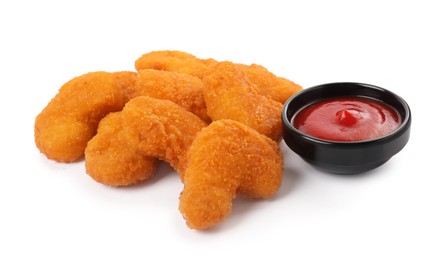 Photo of Tasty chicken nuggets with ketchup on white background