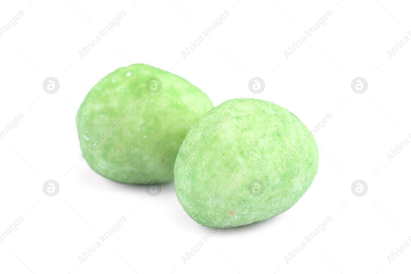 Photo of Tasty wasabi coated peanuts on white background