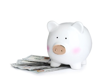 Photo of Piggy bank with money on white background. Space for text