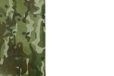 Camouflage fabric isolated on white, top view