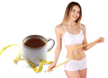 Image of Slim young woman with measuring tape and cup of weight loss herbal tea on white background