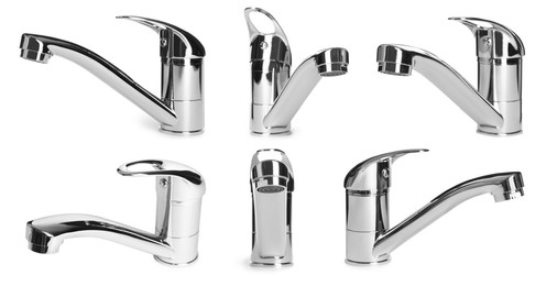 Image of Set with new water faucets on white background. Banner design