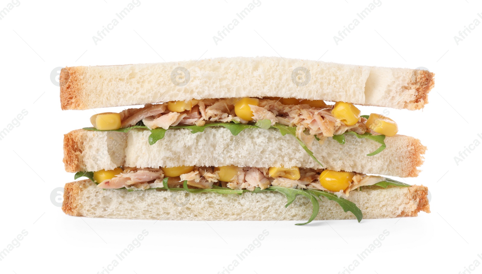 Photo of Delicious sandwich with tuna, corn and greens on white background