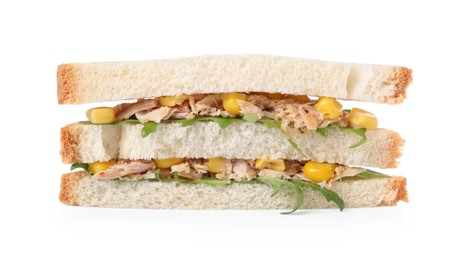 Delicious sandwich with tuna, corn and greens on white background