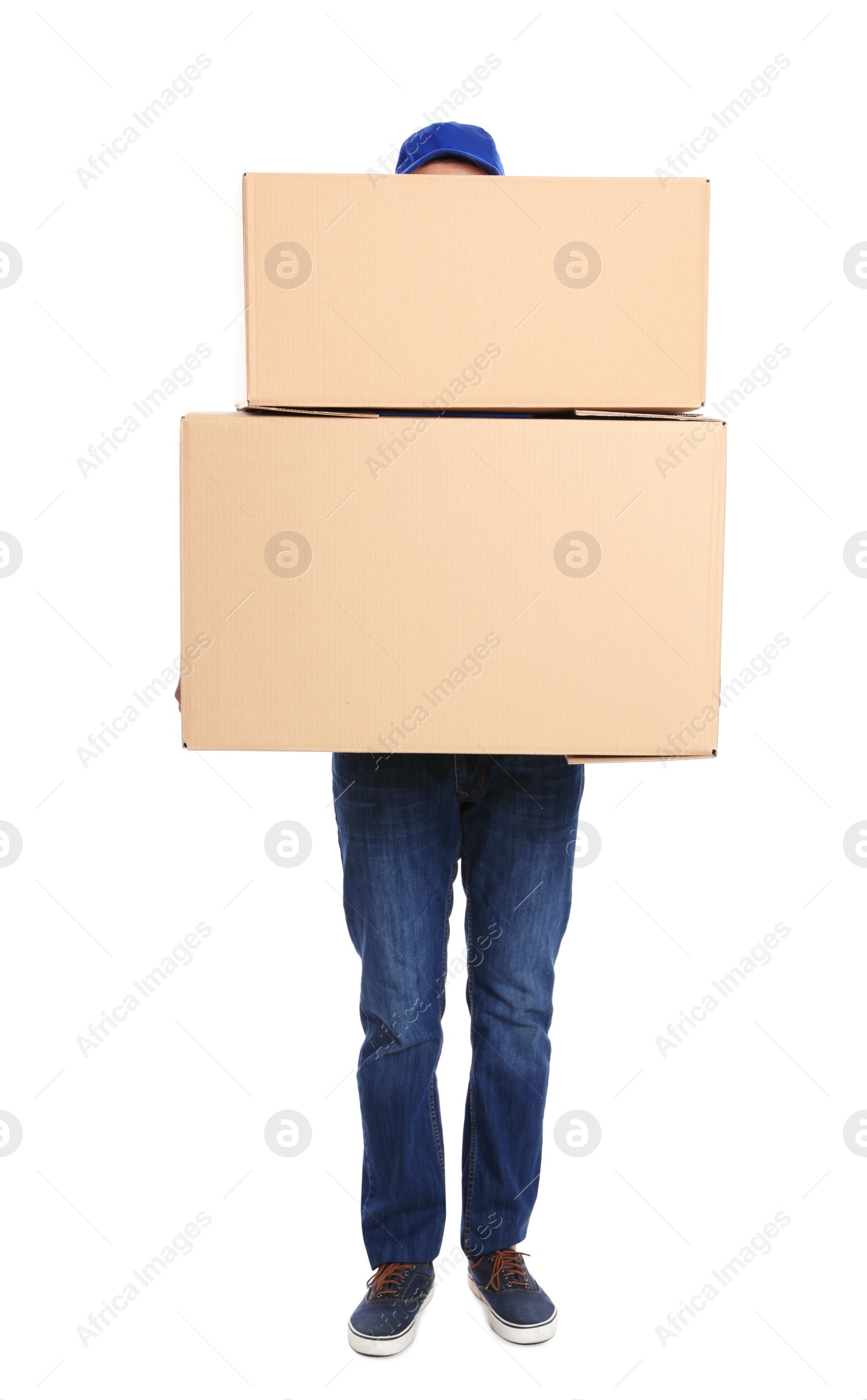 Photo of Courier with cardboard boxes on white background