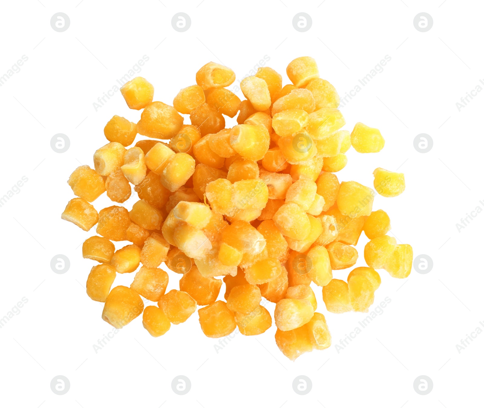 Photo of Pile of frozen corn isolated on white, top view. Vegetable preservation