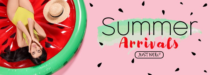 Image of Summer arrivals flyer design. Beautiful woman on inflatable mattress and text on pink background, above view