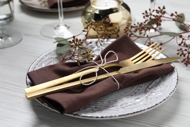 Stylish table setting with cutlery and eucalyptus leaves, closeup