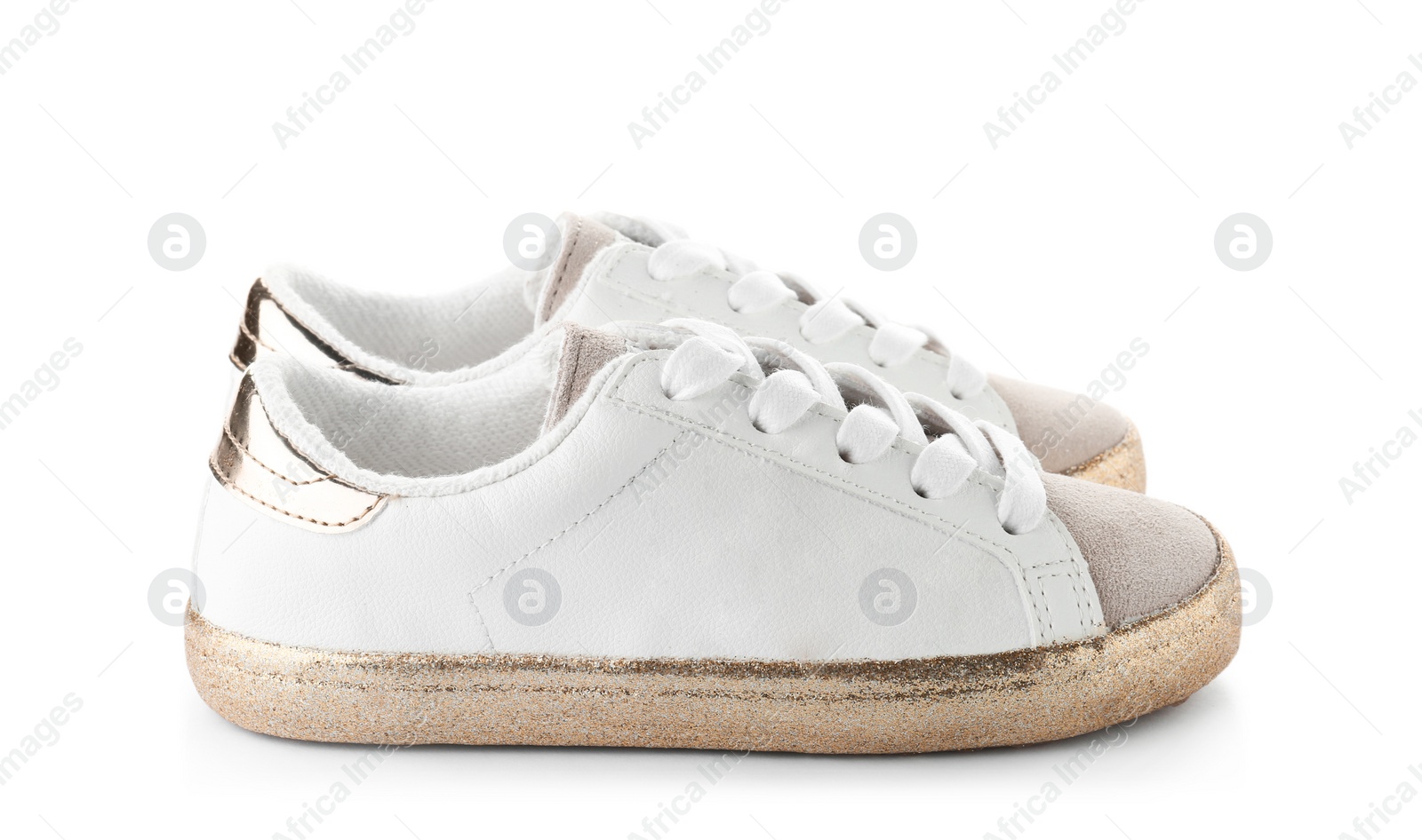 Photo of Pair of stylish new shoes on white background