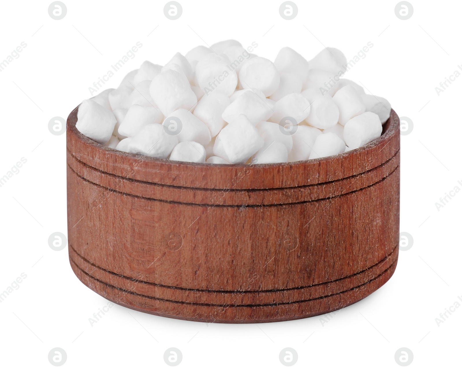 Photo of Bowl of delicious puffy marshmallows isolated on white