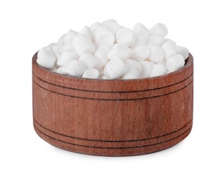 Photo of Bowl of delicious puffy marshmallows isolated on white