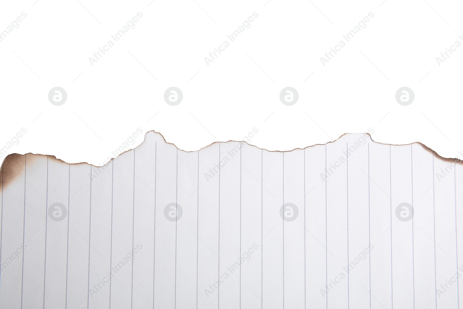 Photo of Piece of paper with dark burnt borders isolated on white, top view. Space for text