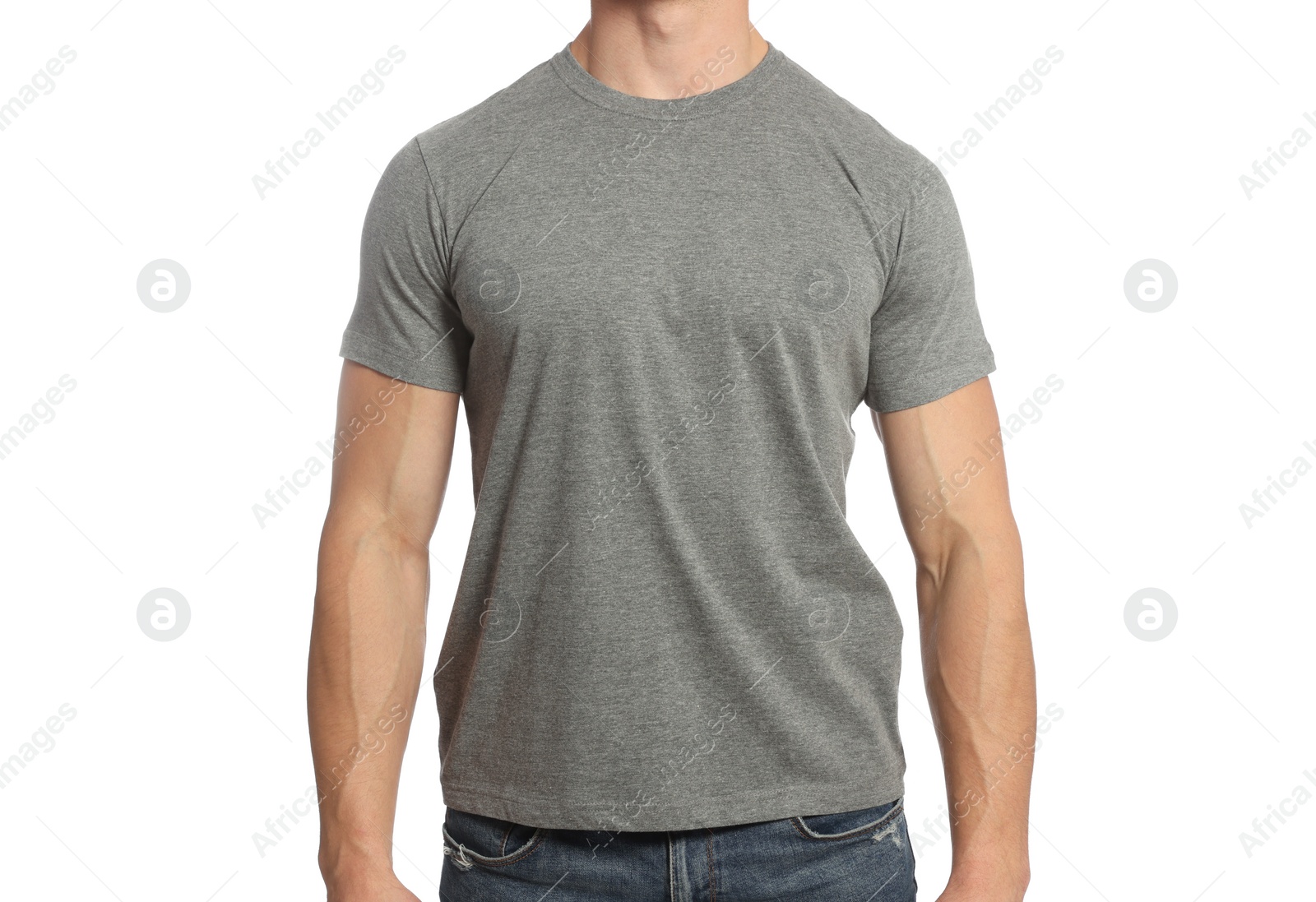 Photo of Man wearing grey t-shirt on white background, closeup. Mockup for design