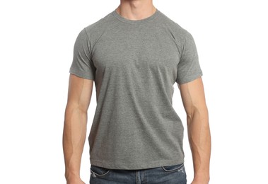 Photo of Man wearing grey t-shirt on white background, closeup. Mockup for design