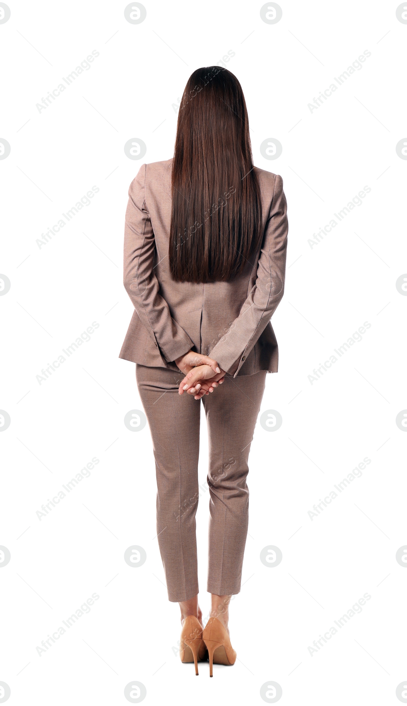 Photo of Businesswoman in stylish suit posing on white background