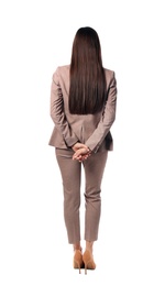 Businesswoman in stylish suit posing on white background