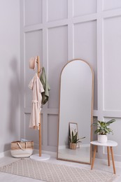 Beautiful mirror, hanger and plant near white wall indoors. Interior design