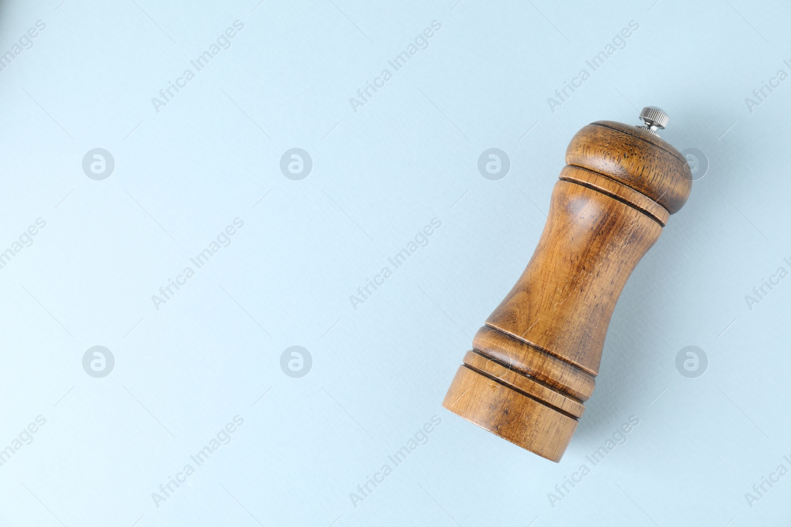 Photo of One wooden shaker on light background, top view. Space for text
