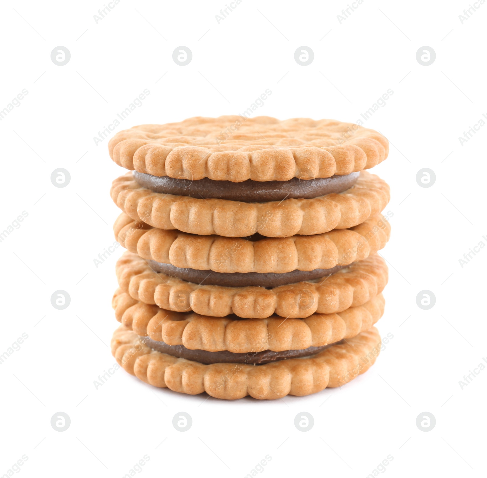 Photo of Stack of tasty sandwich cookies with chocolate cream on white background