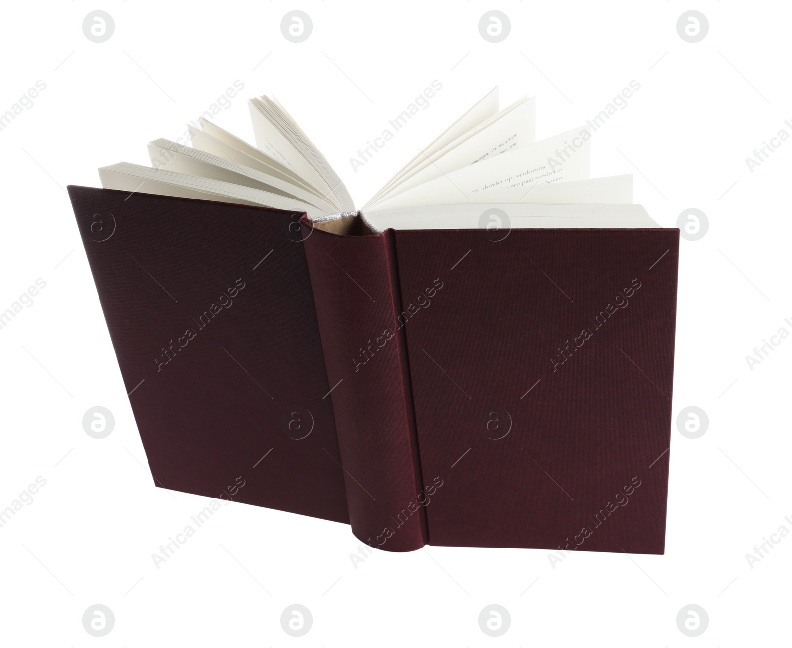 Photo of Open brown hardcover book isolated on white