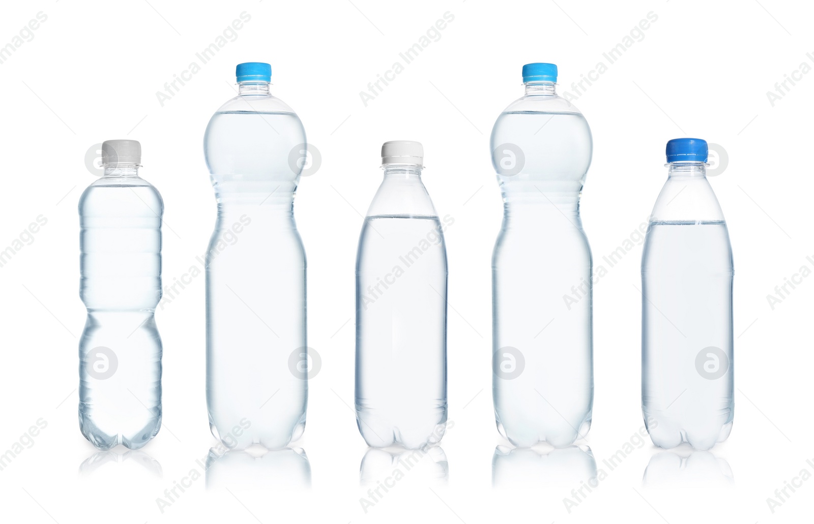 Image of Set with different bottles of pure water on white background 