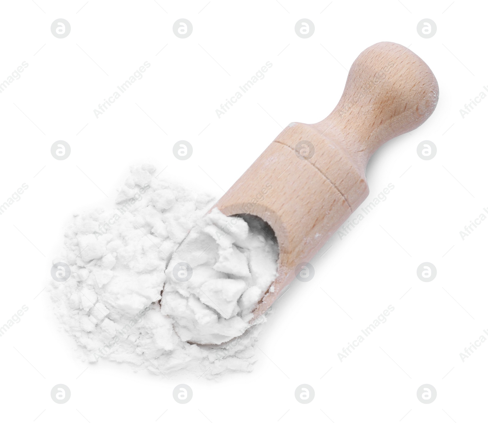 Photo of Wooden scoop with natural starch isolated on white, top view